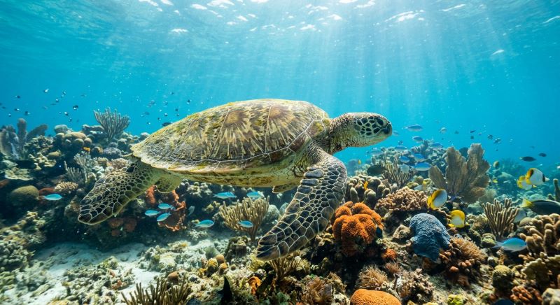 Морская черепаха бисса плывет над коралловым рифом в прозрачной голубой воде среди тропических рыб. интересные факты