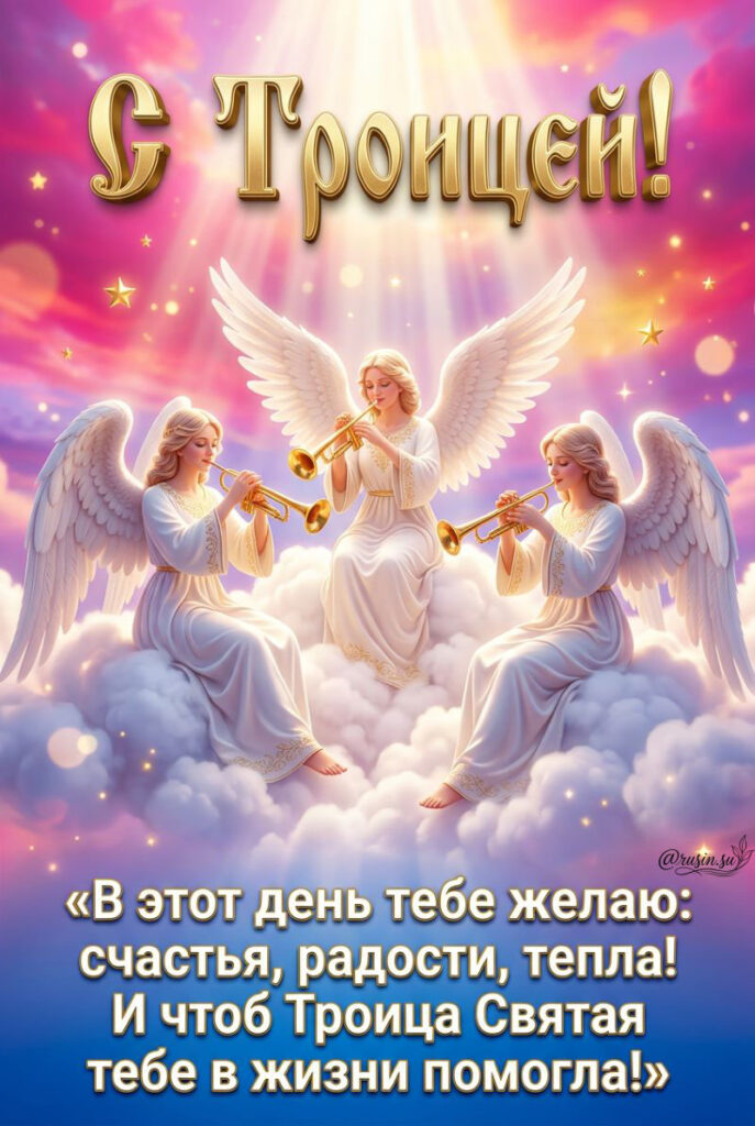 Красивая открытка «С Троицей!» с тремя ангелами на облаках, играющими на трубах, и поздравительным стихом.