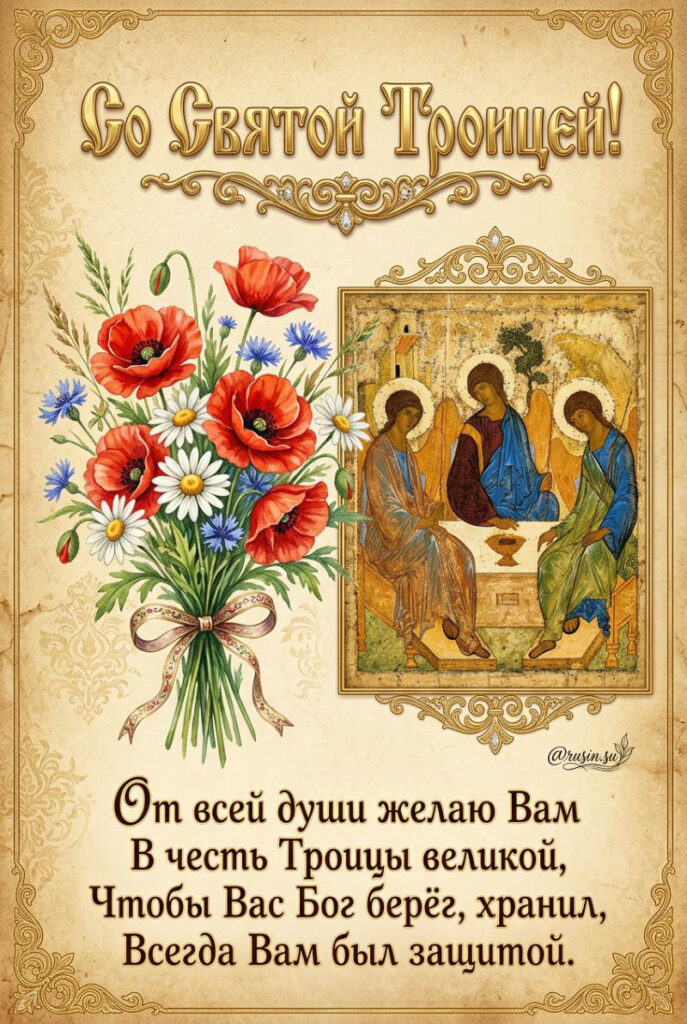 Православная открытка «Со Святой Троицей» с иконой Живоначальной Троицы, букетом маков, ромашек и поздравительным стихом.