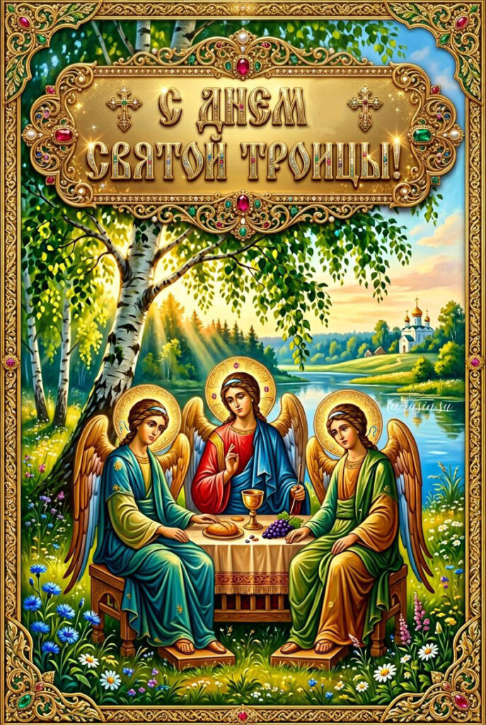 С Днём Святой Троицы! Роскошная открытка с ангелами и березой