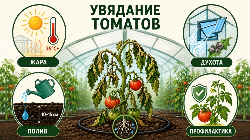 Увядание томатов: причины (жара, духота) и решения (полив, профилактика)