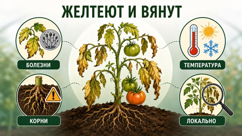 Инфографика: причины пожелтения и увядания помидоров - болезни, температура, проблемы с корнями, локальные повреждения