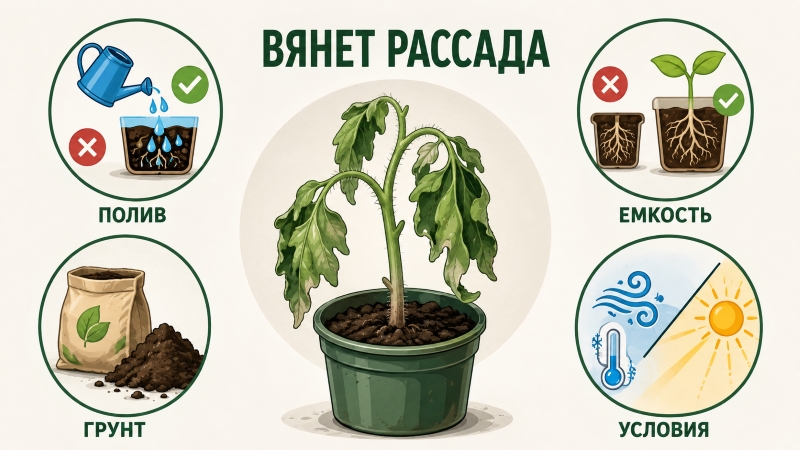Инфографика: причины увядания рассады томатов — полив, размер емкости, грунт и условия выращивания