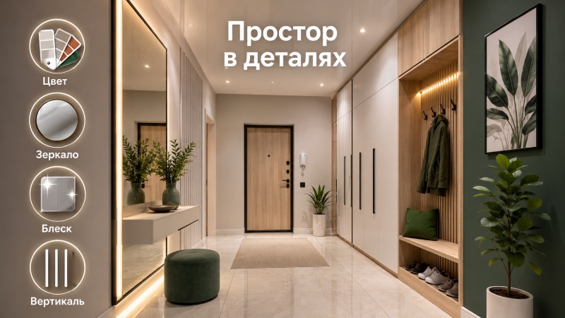 Просторная прихожая в деталях: цвет, зеркало, блеск и вертикальные линии в интерьере
