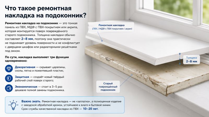 Ремонтная накладка из ПВХ на старый повреждённый подоконник: схема установки и основания 2–8 мм
