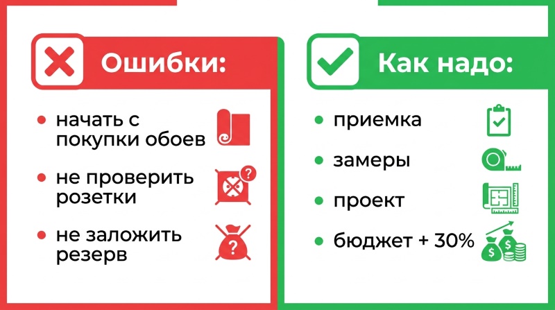 Инфографика: ошибки и правильные шаги при начале ремонта в новостройке
