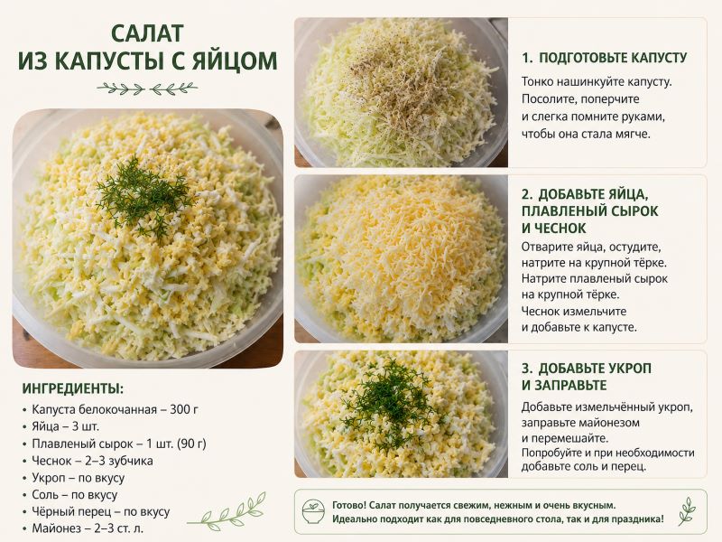 Салат с капустой, плавленым сырком и яйцом