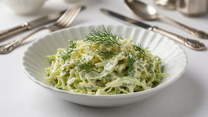 Салат из свежей капусты с яйцом, сырком и укропом, поданный в белой тарелке с металлическими столовыми приборами на фоне