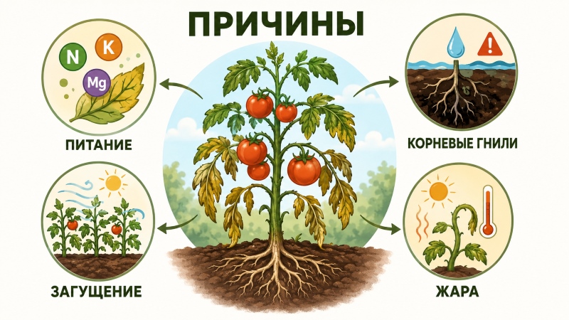 Инфографика: причины увядания томатов — дефицит питания, корневые гнили, загущение посадок и жара