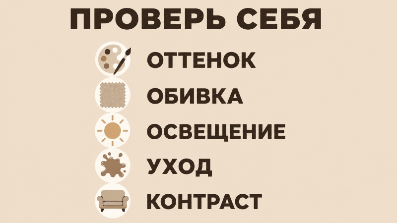 Инфографика-памятка для выбора бежевой мебели: оттенок, обивка, освещение, уход, контраст.