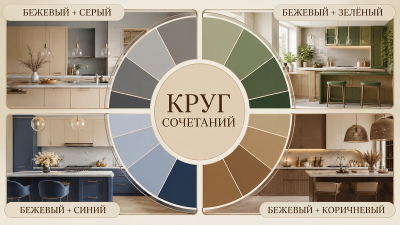 Сочетания бежевого с серым, зеленым, синим и коричневым
