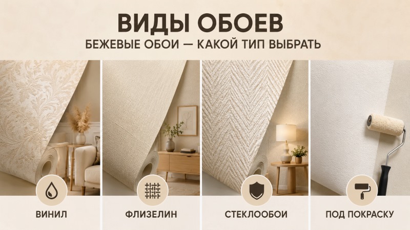 Виды бежевых обоев для кухни: винил, флизелин, стеклообои, под покраску