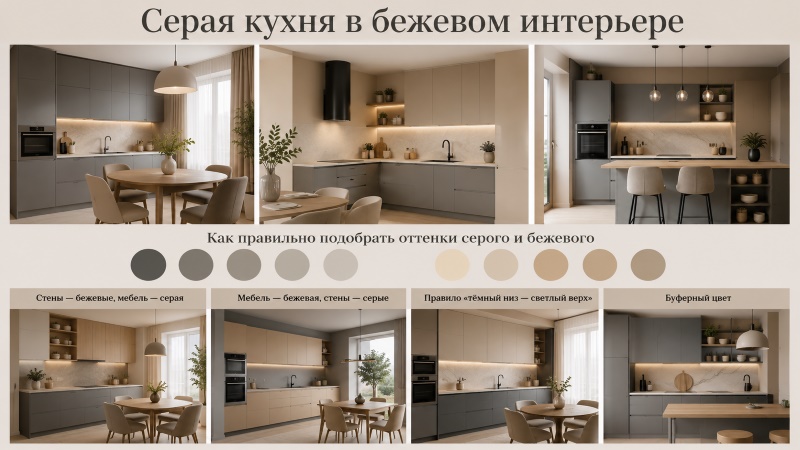 Серая кухня в бежевом интерьере: сочетания и правила