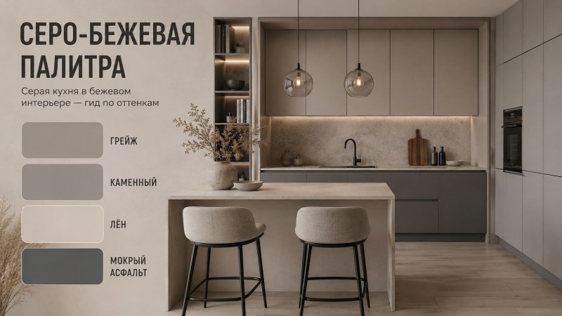Серо-бежевая палитра для кухни: грейж, каменный, лён, мокрый асфальт