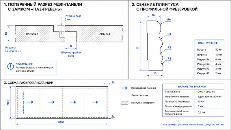 Чертежи МДФ-панели с замком, профиля плинтуса и схемы раскроя листа