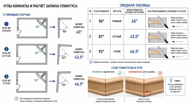 Схема и таблица расчета углов запила МДФ-плинтуса для стыковки в углах