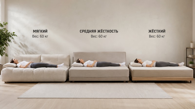Три человека на диване: мягкий, средней жёсткости и жёсткий (вес 60 кг)