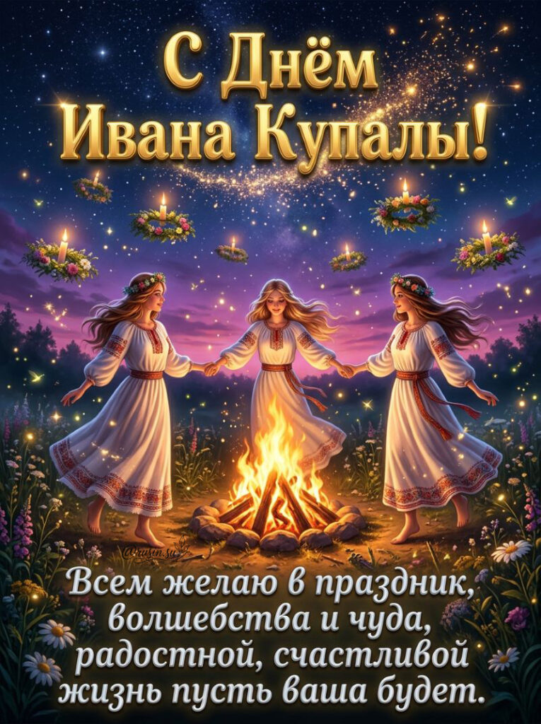 Три девушки в вышитых рубашках и венках танцуют вокруг костра под звездным небом. Поздравление с Днем Ивана Купалы на русском языке.