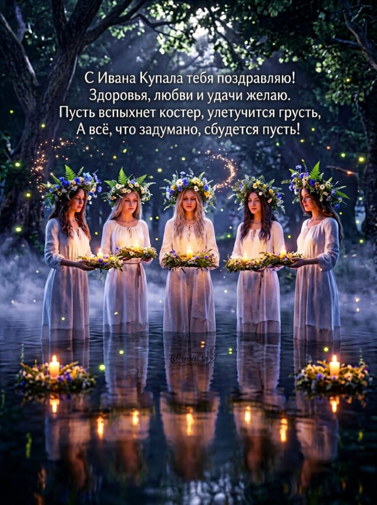 Пять девушек в белых платьях и цветущих венках стоят в воде с горящими свечами в руках. Поздравление с Днем Ивана Купалы на русском языке.