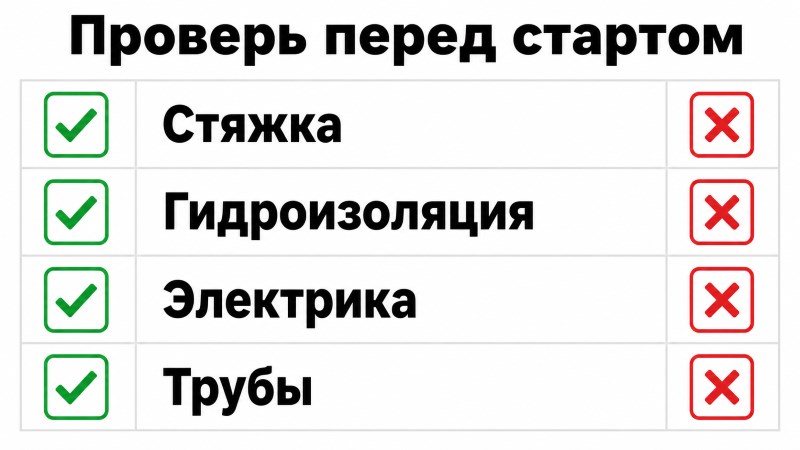 Таблица: Проверь перед стартом ремонта — стяжка, гидроизоляция, электрика, трубы