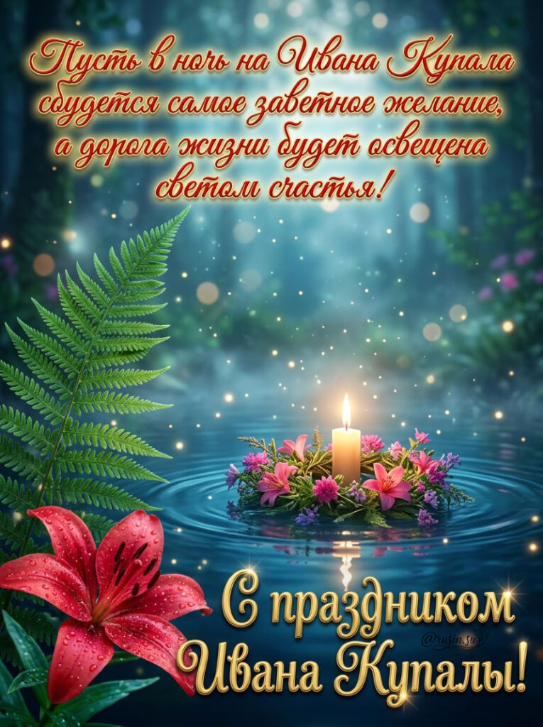 Горящая свеча в венке из цветов плавает на воде, окруженная папоротником и цветущими лилиями. Поздравление с Днем Ивана Купалы на русском языке.