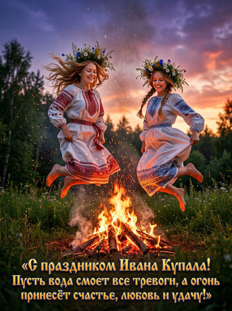Две девушки в вышитых рубашках и венках прыгают через костер на фоне заката. Поздравление с Днем Ивана Купалы на русском языке