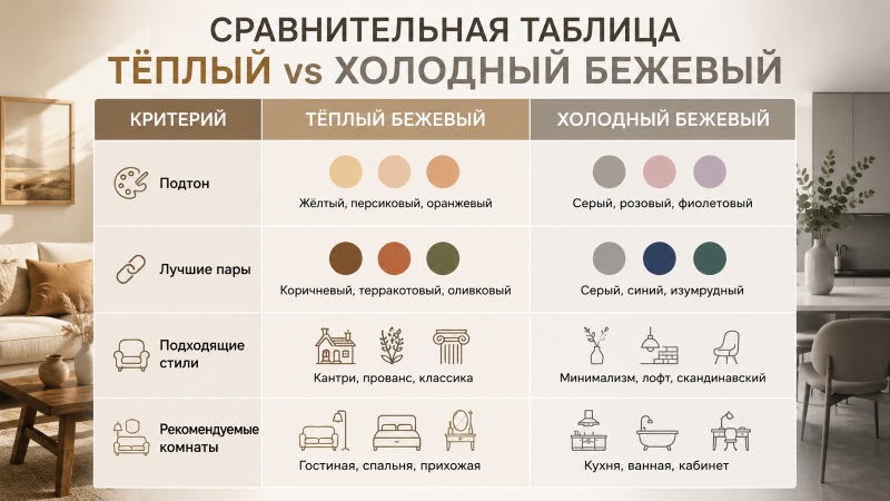 Сравнительная таблица: тёплый vs холодный бежевый в интерьере