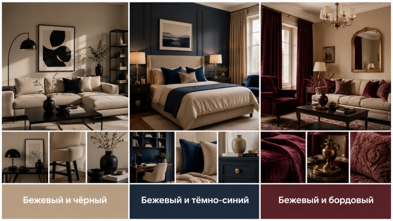 Сочетания бежевого с чёрным, тёмно-синим и бордовым в интерьере
