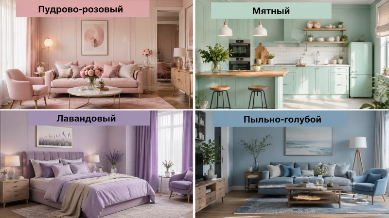 Примеры пастельных оттенков в интерьере: пудрово-розовый, мягкий зелёный, лавандовый, пыльно-голубой