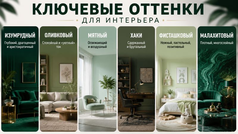 Инфографика 6 ключевых зеленых оттенков для интерьера: изумрудный, оливковый, мятный и другие.