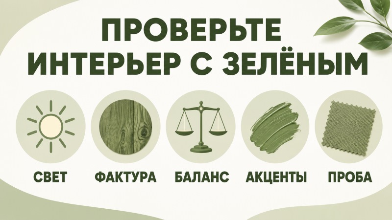 Чек-лист для зеленого интерьера: свет, фактура, баланс, акценты и проба.