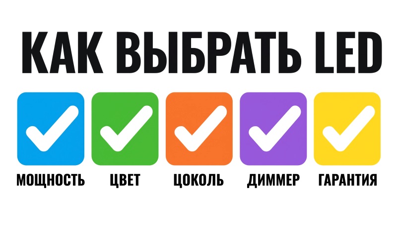 Инфографика критериев выбора LED-ламп: мощность, цвет, цоколь, диммер и гарантия.