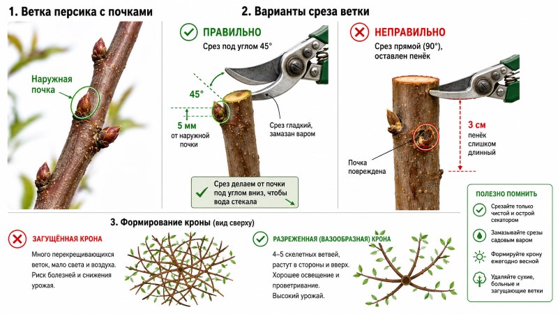 Пошаговая инфографика: правильная и неправильная обрезка веток персика.