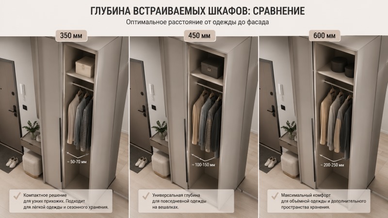 Сравнение глубины встраиваемого шкафа в прихожую 350, 450, 600 мм