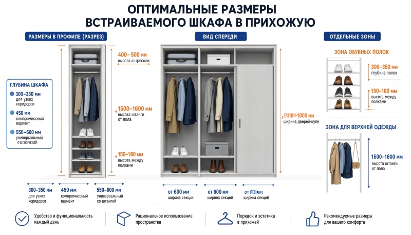 Оптимальные размеры встроенного шкафа в прихожую: схема и зоны