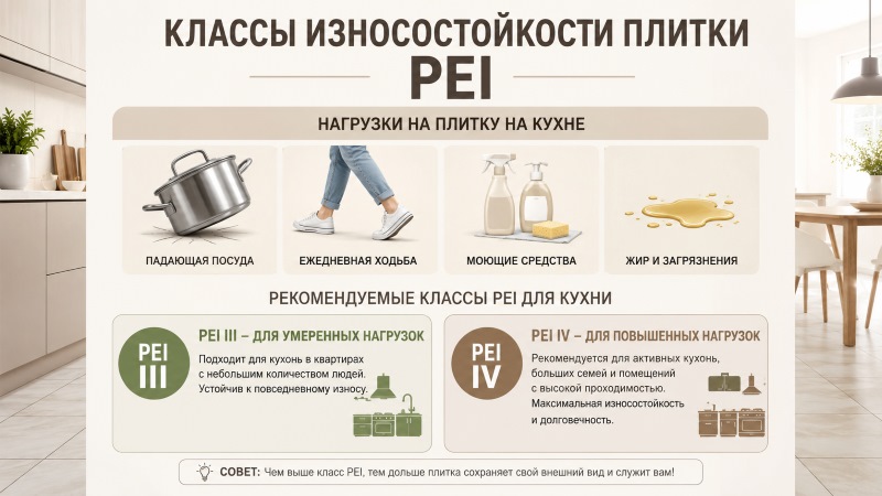 Инфографика классов износостойкости плитки PEI III и IV для кухни