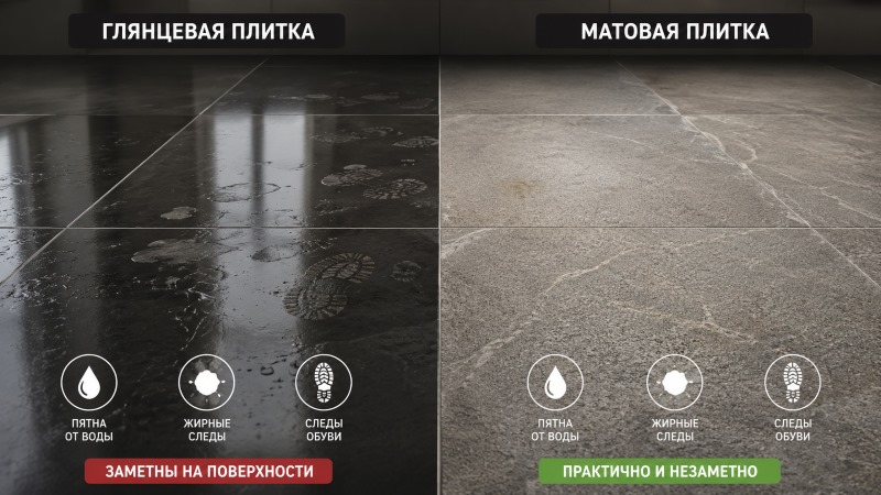 Сравнение глянцевой и матовой плитки на кухне: пятна и следы