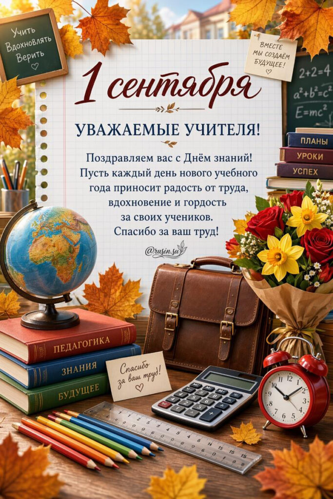 Открытка 1 сентября: поздравление учителям с портфелем и глобусом