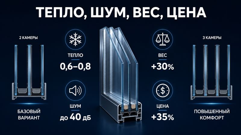 Инфографика сравнения двухкамерного и трехкамерного стеклопакета по теплу, шуму, весу и цене.