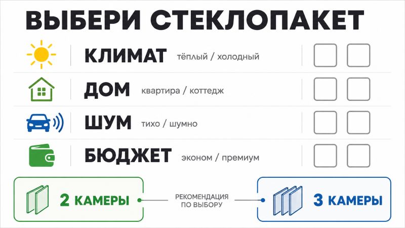 Инфографика-чеклист для выбора стеклопакета по климату, типу дома, шуму и бюджету.