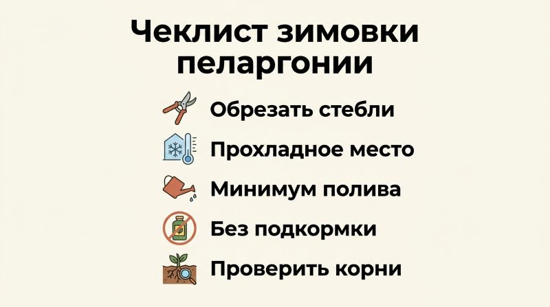 Чеклист зимовки пеларгонии: обрезка, прохлада, полив и корни