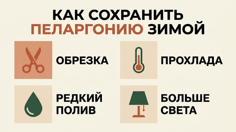Инфографика: как сохранить пеларгонию зимой — обрезка, прохлада, полив, свет