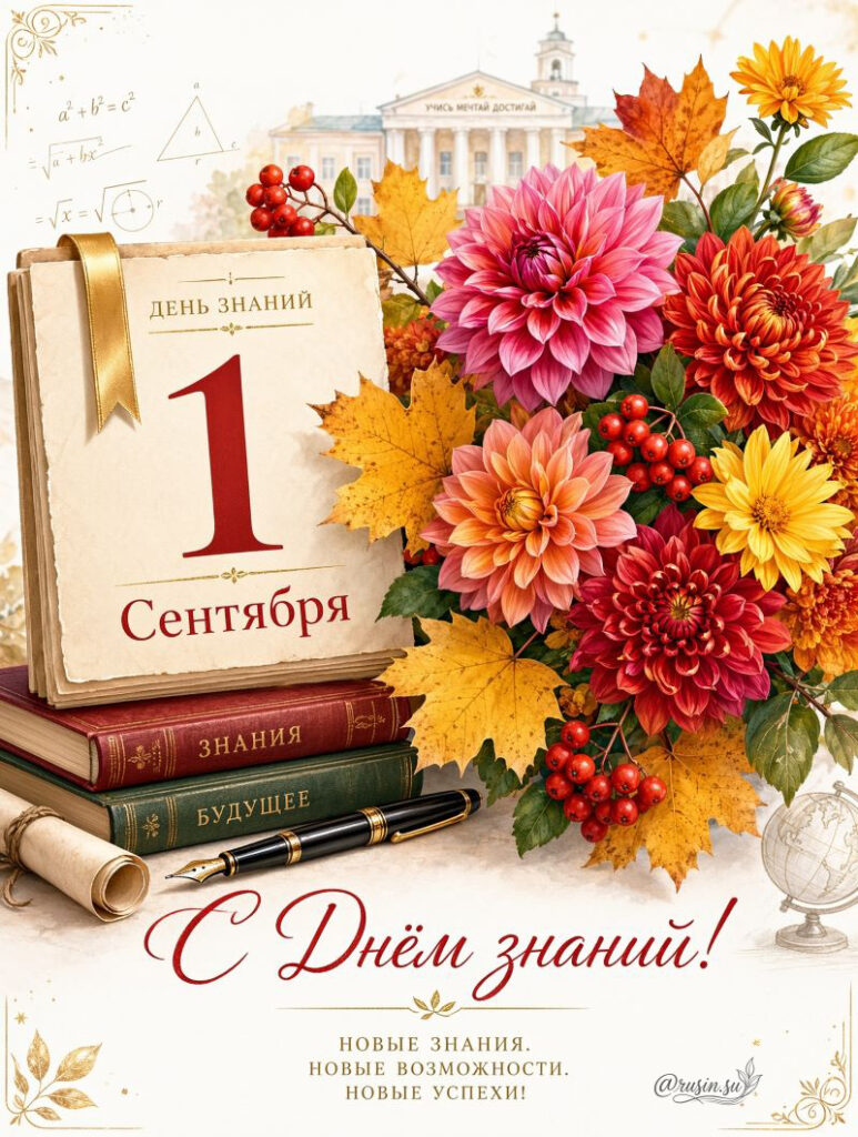 Открытка с Днем знаний: книга 1 сентября, осенние георгины и перо