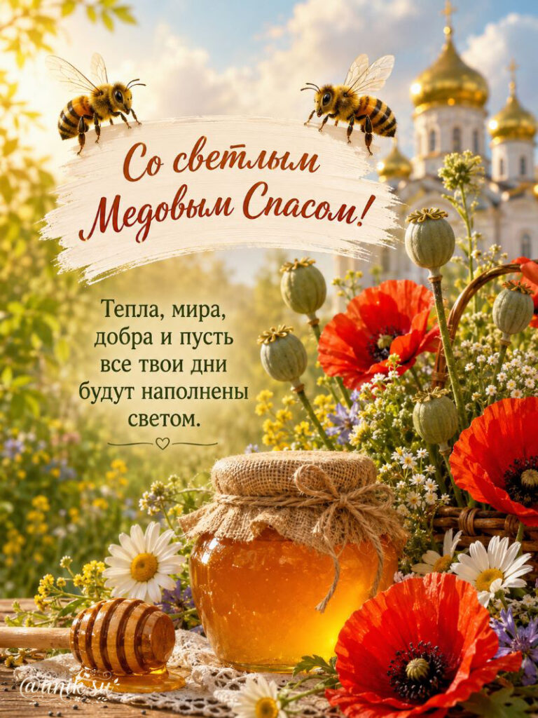 Поздравление со Светлым Медовым Спасом, банка меда, маки и церковь.