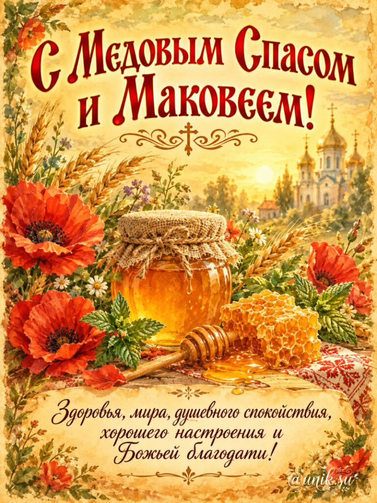 Винтажная открытка С Медовым Спасом и Маковеем, банка меда и красные маки.