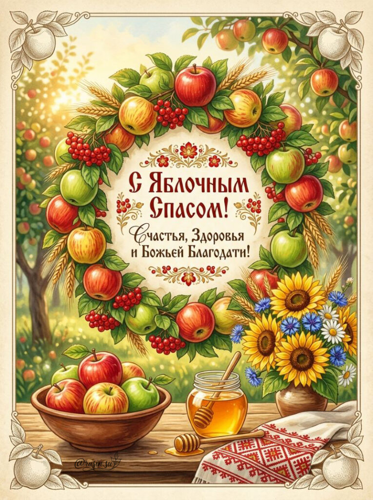 открытка с Яблочным Спасом с венком из яблок, мёдом и подсолнухами на деревянном столе.