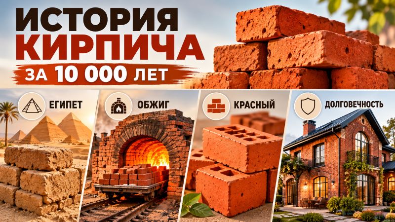 Инфографика история кирпича за 10000 лет: Египет, обжиг, красный блок, дом