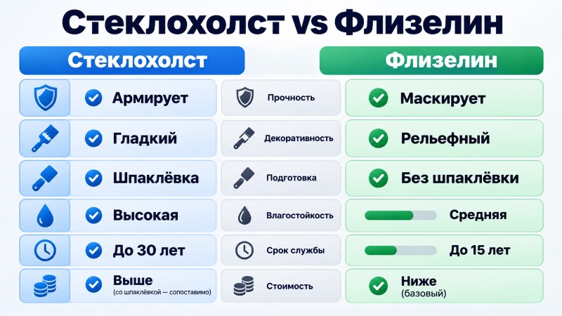 Сравнительная таблица характеристик стеклохолста и флизелина под покраску