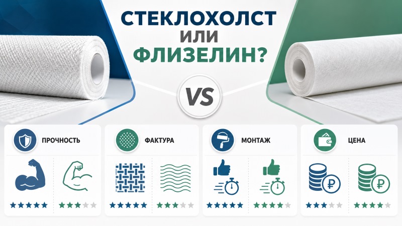 Инфографика сравнения рулонов стеклохолста и флизелина по качеству и цене