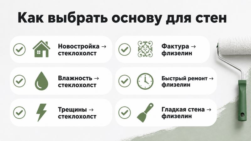 Инфографика с советами по выбору стеклохолста или флизелина для стен